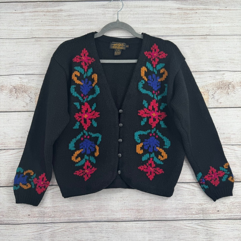 Eddie Bauer Cardigan Sweater Womens Medium Black Vintage Wool Floral Embroidered